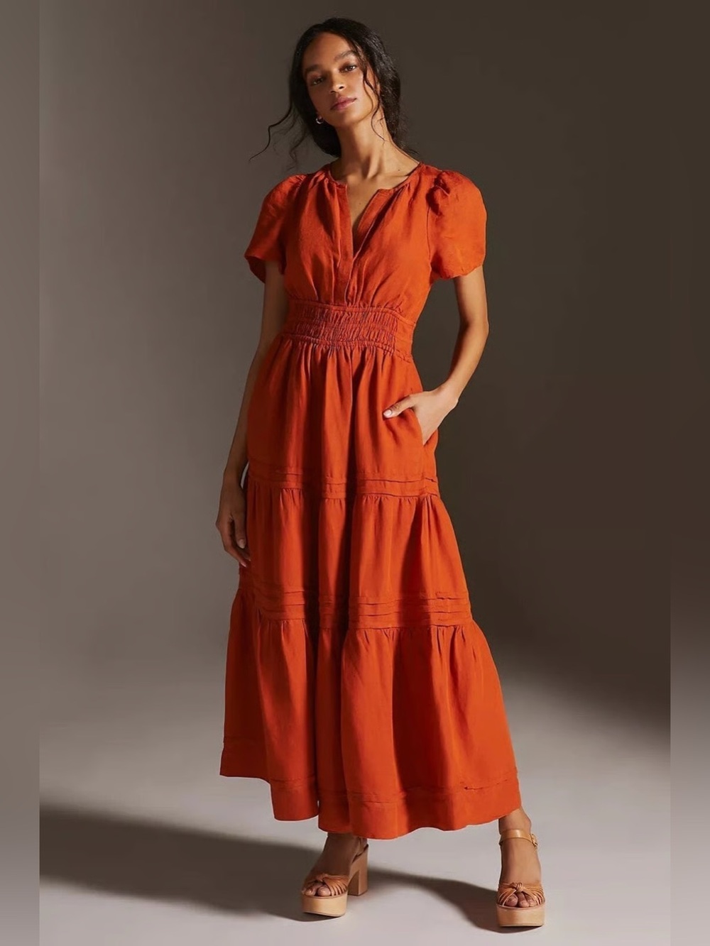 Anthropologie The Somerset Maxi Dress: Linen Edition Rust Orange Size Small Fall